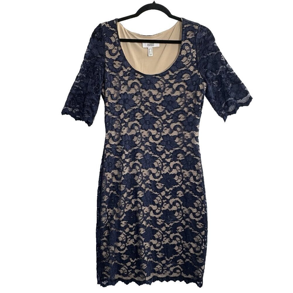 BADGLEY MISCHKA Women Lace Overlay Midi Dress Sz 10 Blue Short Sleeve Lined 5-20